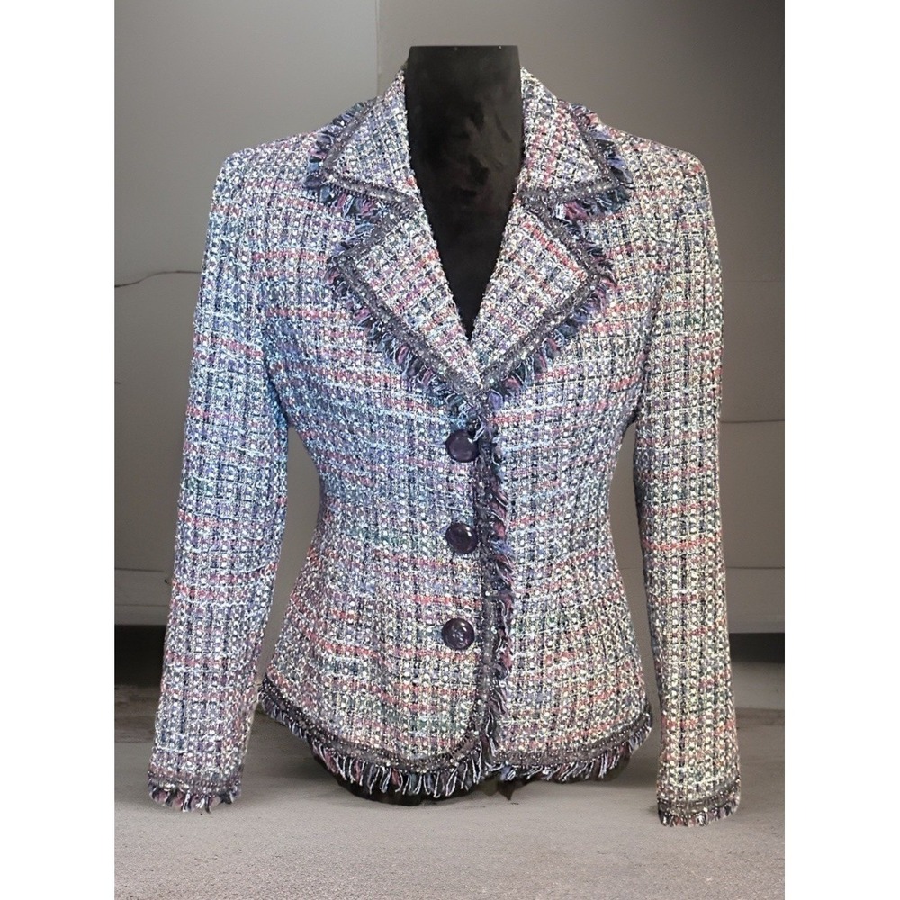 Designs‎ by Seymour Womens Tweed Blazer Jacket Purple Pink Blue Multi Fringe 6